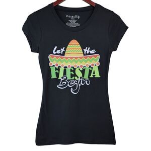 Let the Fiesta Begin Tshirt Juniors Sz XS Black‎ Taco Tuesday Sombrero Tee Shirt
